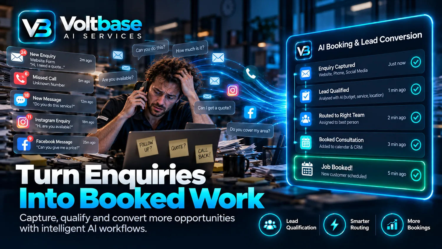 Voltbase AI Services visual showing business automation, AI agents and connected workflows